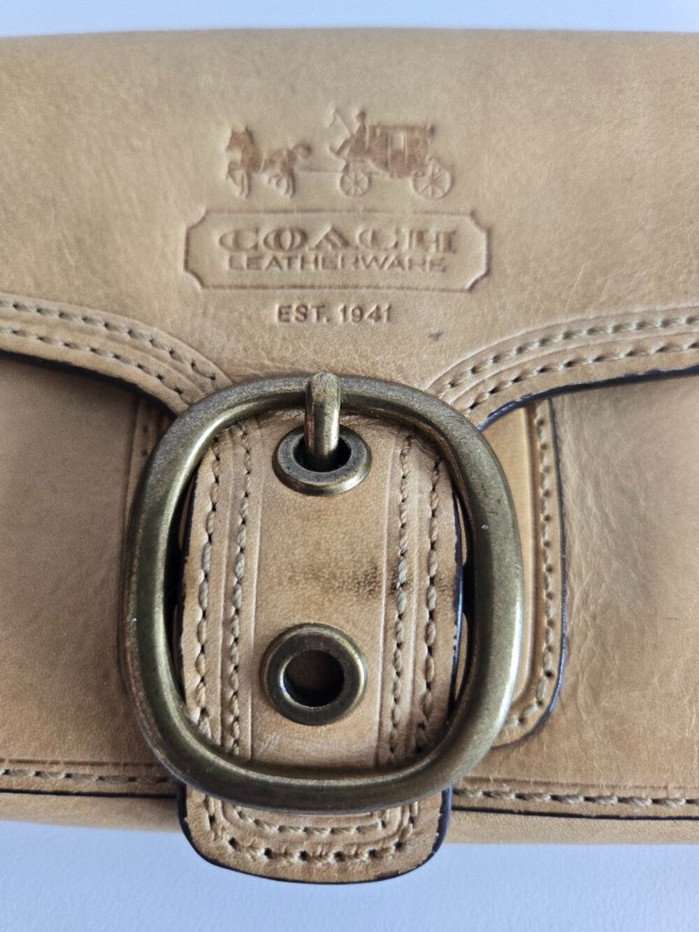 Coach Tan Legacy Bleecker Buckle wallet Leather Trifold Wallet